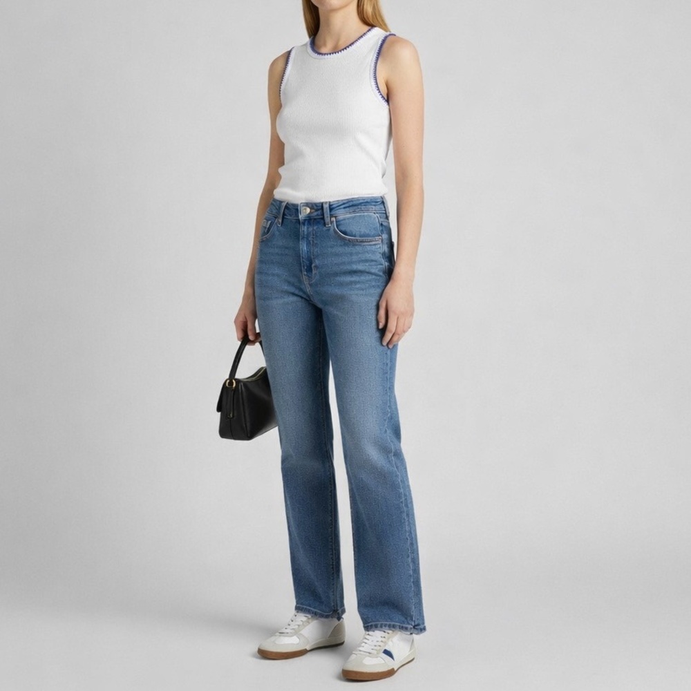 Rachel Zoe White Ribbed Tank Blue Contrast Stitch Size Small Chic